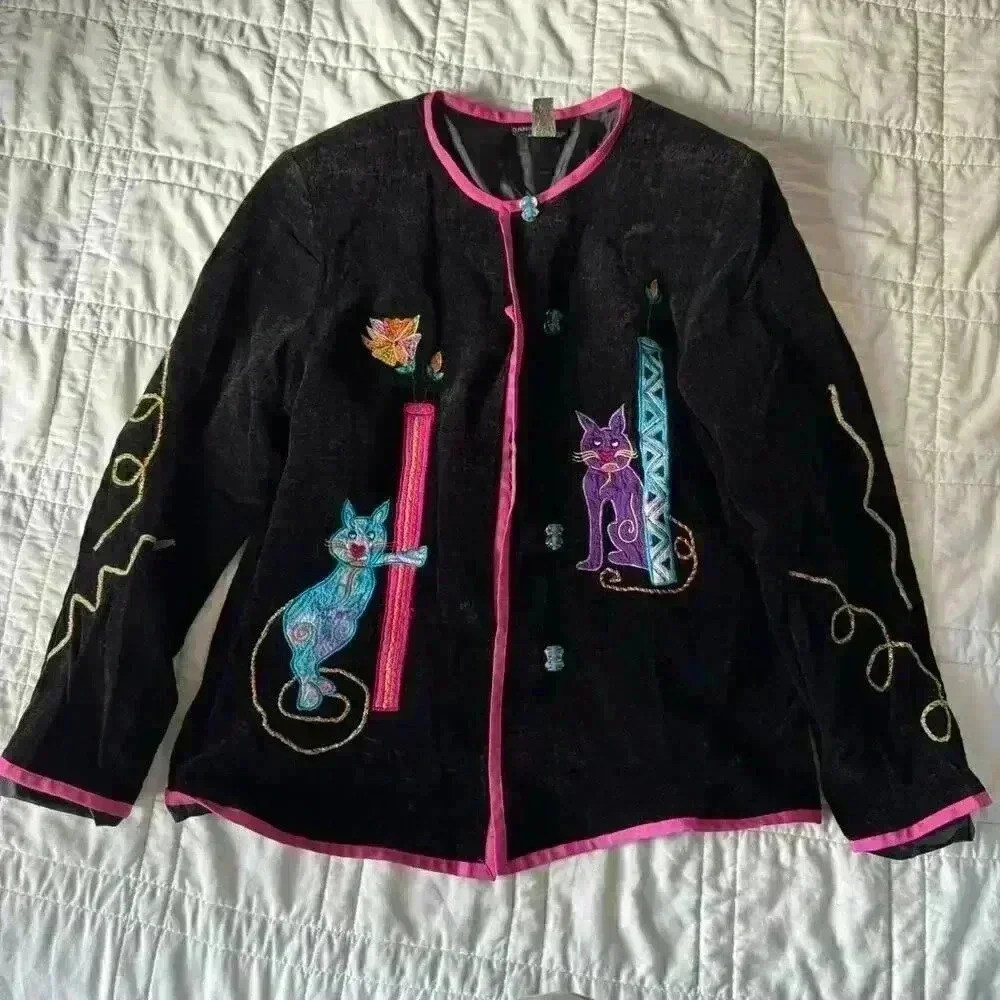 Vintage Daniel k cat embroidered black jacket women’s‎ large boho artsy autumn
